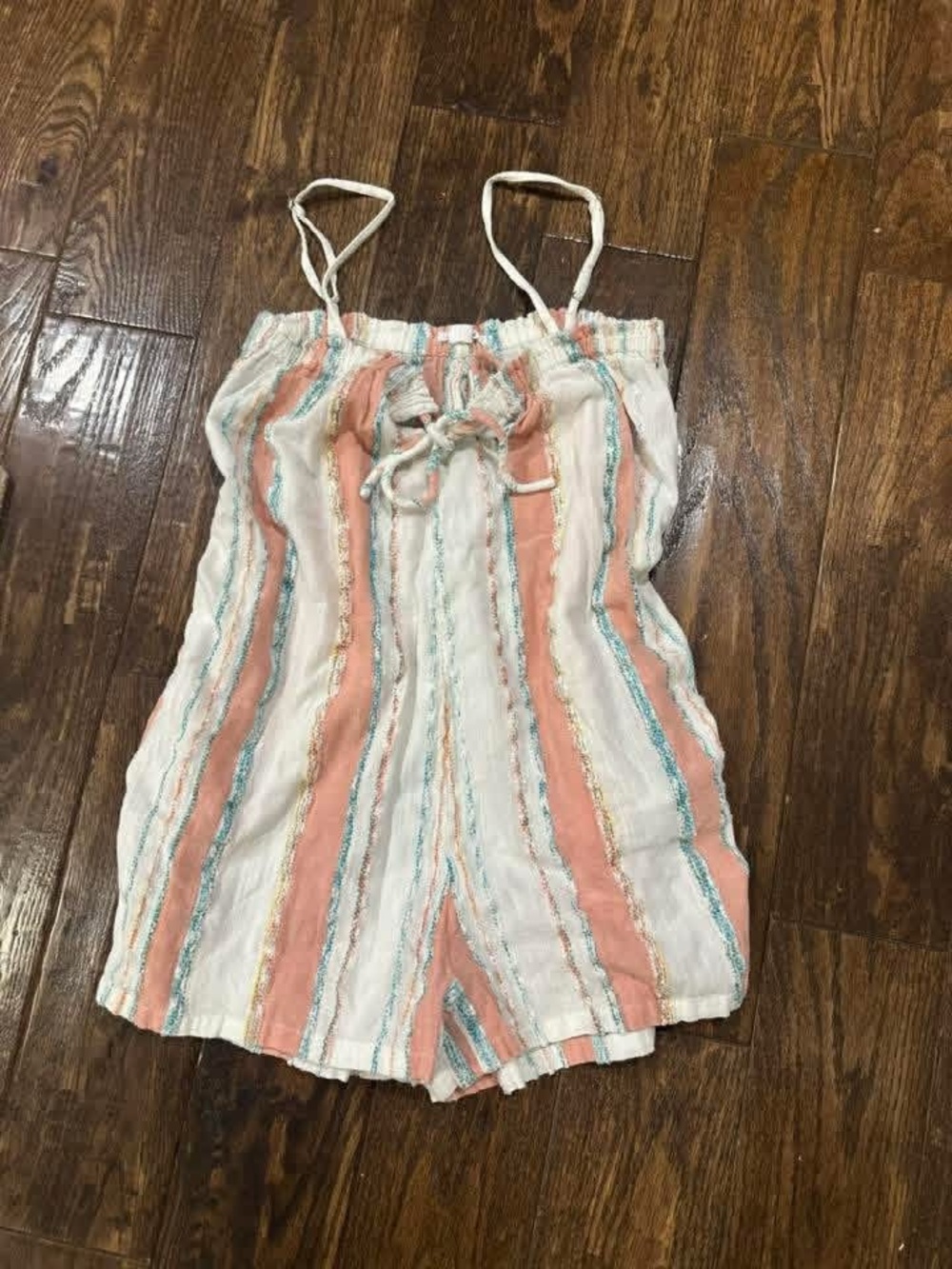 O'Neill White Striped Romper with Coral and Teal Accents